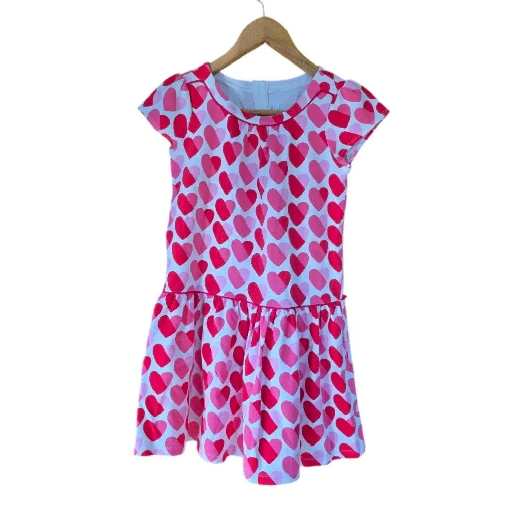 Gymboree Heart Print‎ Dress Kids Size 12 Pink Red Short Sleeve Drop Waist Love